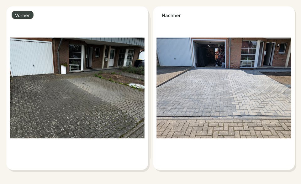 Vorher-Nachher-Vergleich einer neu verlegten oder erneuerten Einfahrt vor einem Wohnhaus.
