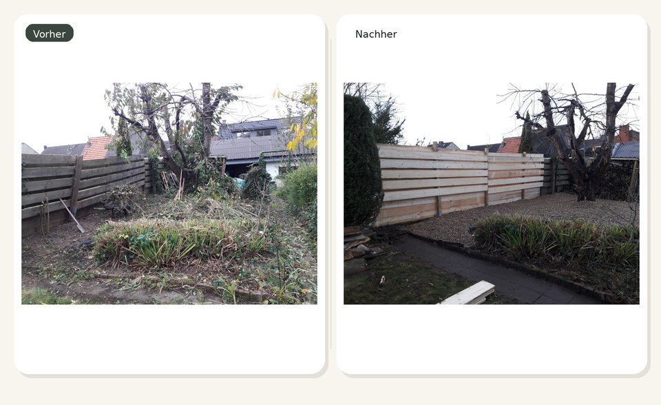 Vorher-Nachher-Vergleich eines Gartenrandes mit neuem Sichtschutz und Kiesbett.